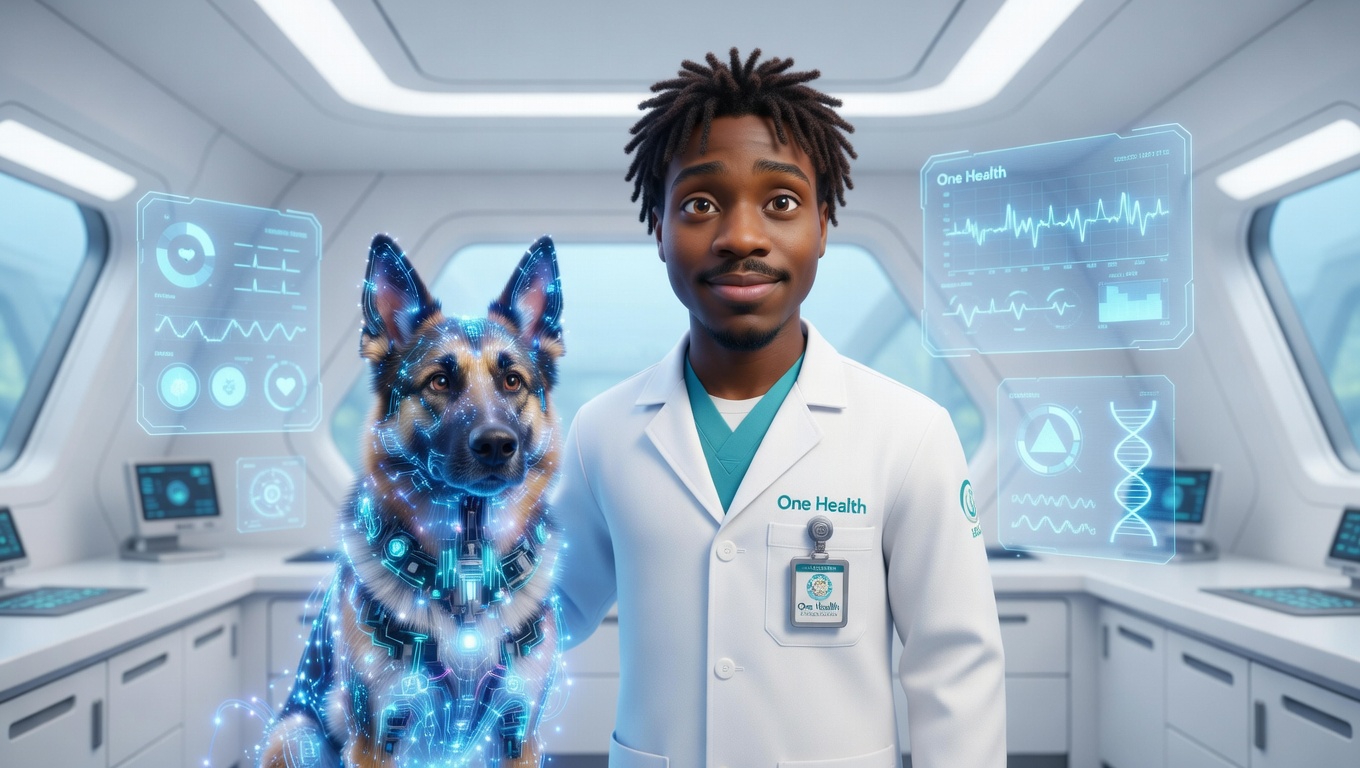 Clinical Guardian — white coat, One Health lab, circuit shepherd