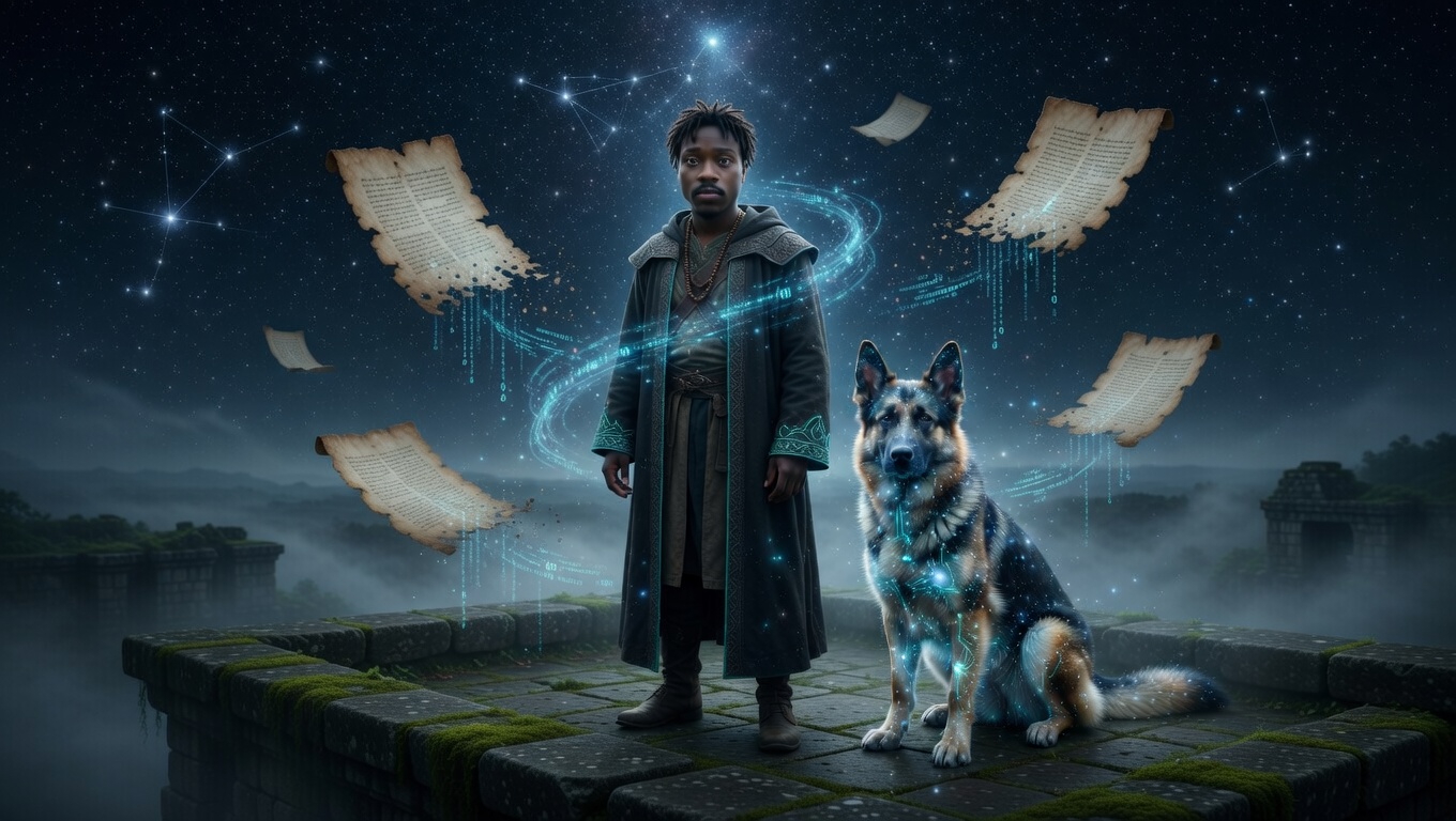 Dark Cosmic — warrior monk with constellation shepherd on misty ruins